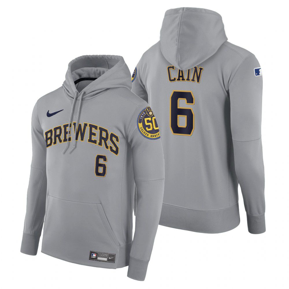 Cheap Men Milwaukee Brewers 6 Cain gray road hoodie 2021 MLB Nike Jerseys